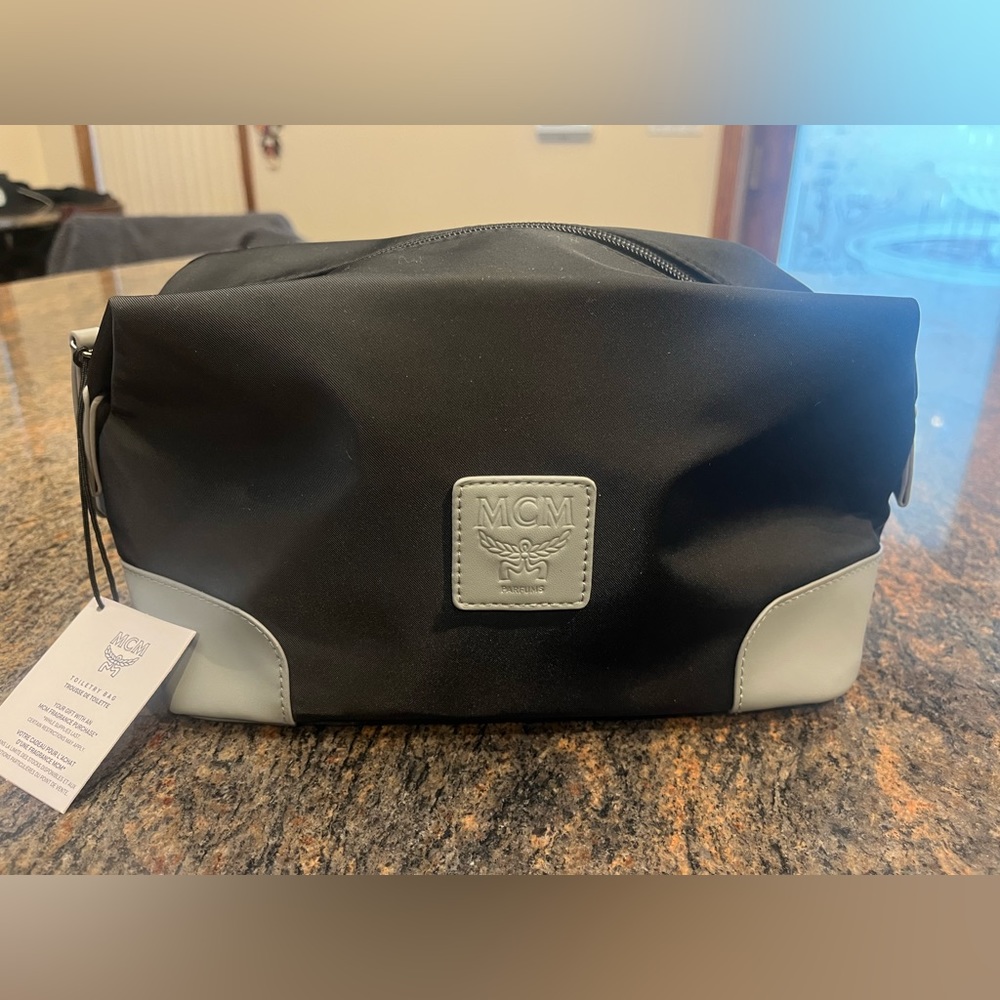 MCM Mens Toiletry Bag Embossed Polyester Clutch Bag Black & Gray 10” x 5” NWT!
